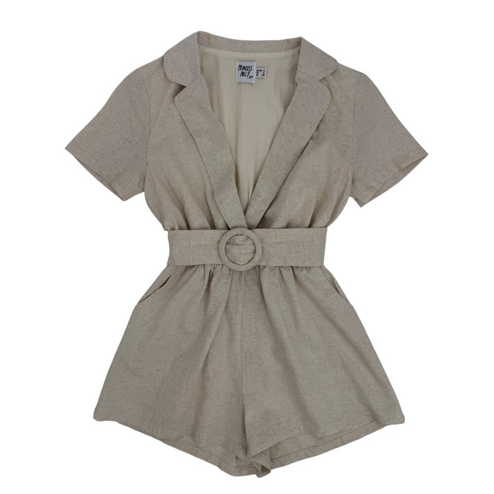 Princess Polly Deep V Croquette Playsuit Romper Collared Belted Neutral Beige 0 - Picture 2 of 16